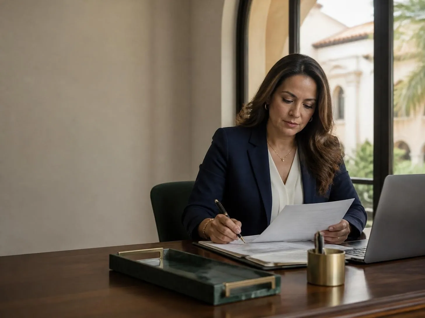 A woman reviews printed message drafts with a pen at a desk in a Coral Gables office.